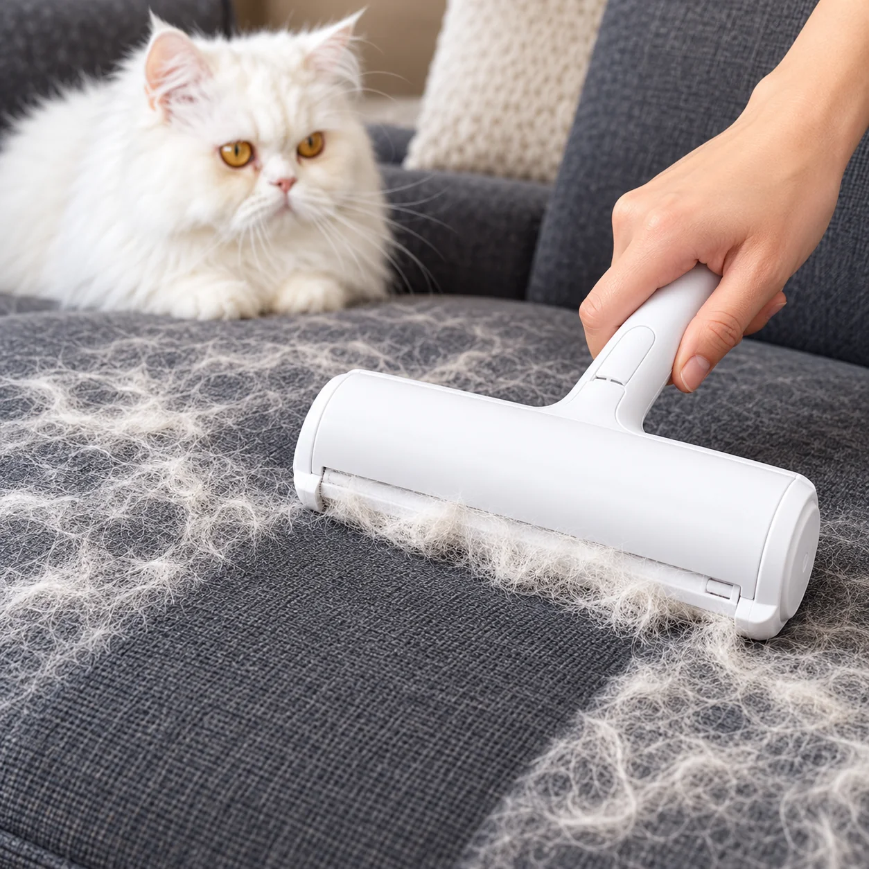 Pet hair roller being used on a sofa